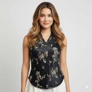 Vintage 90s Y2K Black Floral Brocade Chinese Bias Satin Tank Top - XS